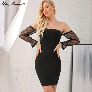 

2018 Autumn women fashion sexy see through mini bandage dress bodycon club party black long sleeve tight christmas vestido UP145