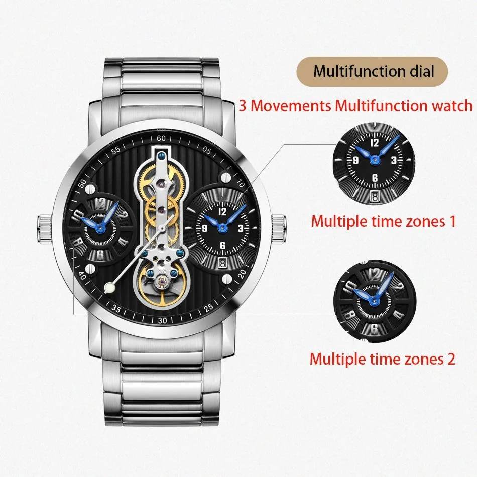 متعددة المنطقة الزمنية ووتش التلقائي GUANQIN الراقية الميكانيكية ووتش الرجال تقويم 5bar للماء HD مضيئة توربيون الساعات