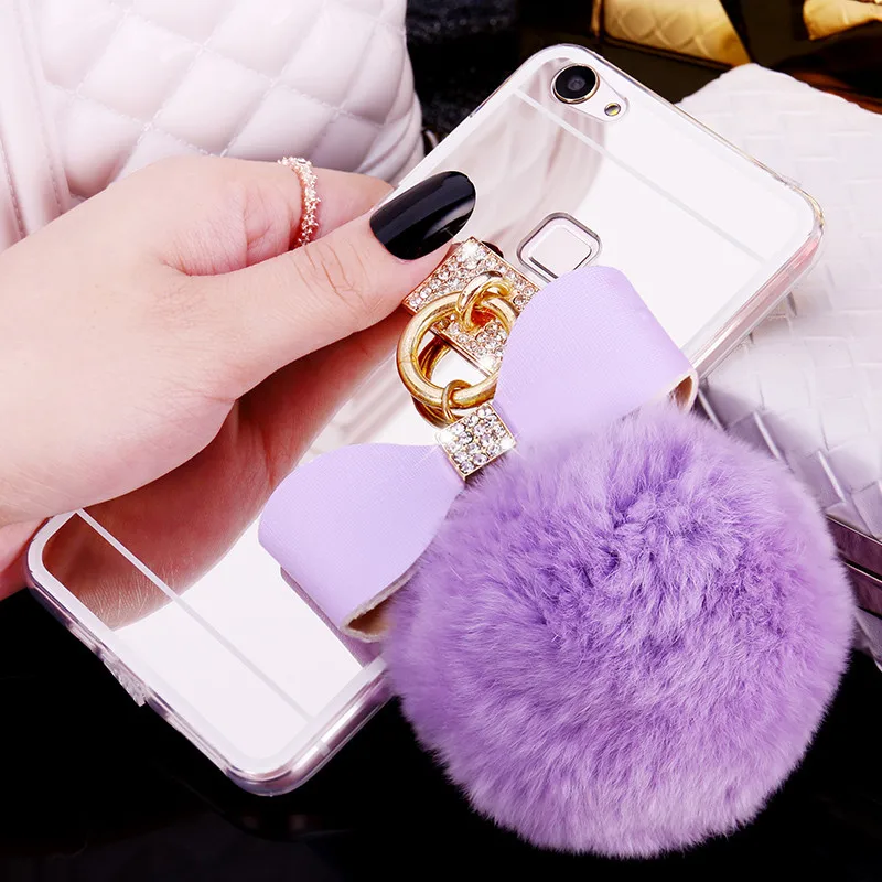 Ainike Soft Rabbit Fur Ball Bowknot Bling Diamond Tassel Mirror TPU Phone Cover Case For Vivo U1 Z3X Y91 Y85 Y73 Y66 Y31 X30Pro |