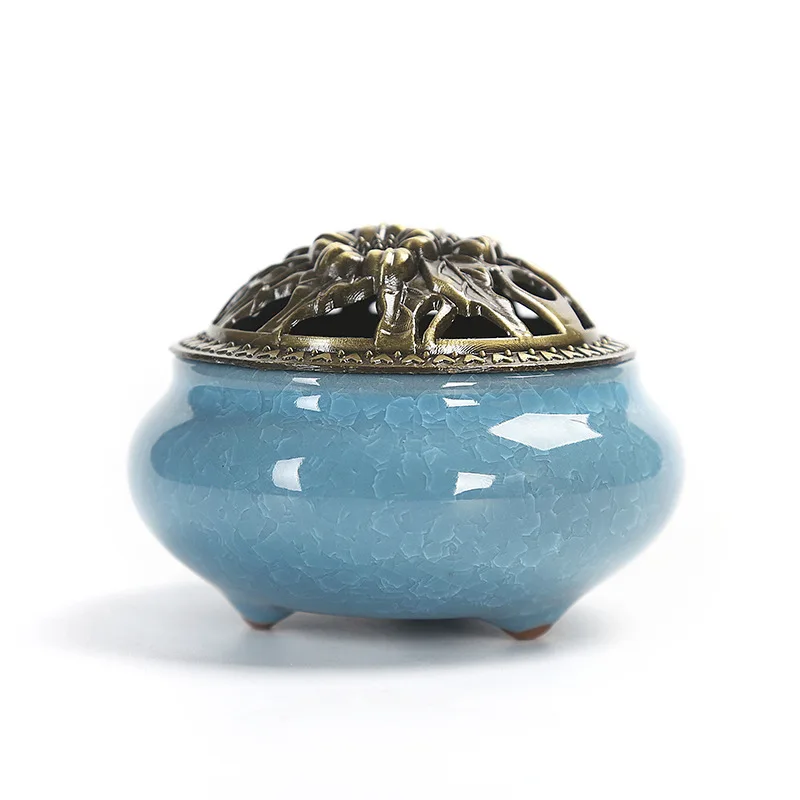

China Celadon incense buner copper cover ceramic Buddha antique incense holder sandalwood cone stick coil cense base
