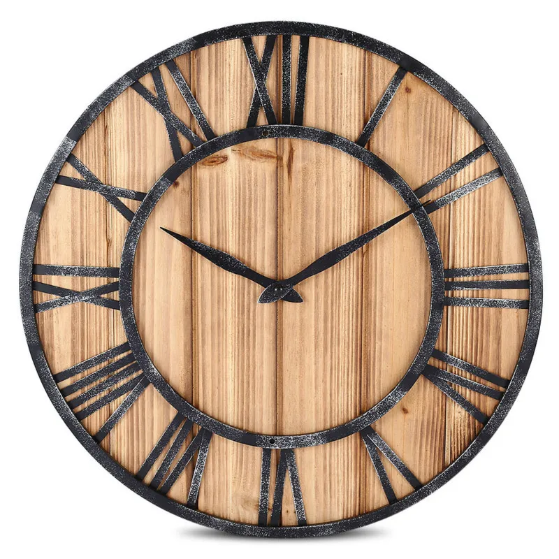 

European Retro Wall Clock Living Room Wrought Iron Solid Wood Fir Mute Creative Clothing Shop Cafe Wall Clock