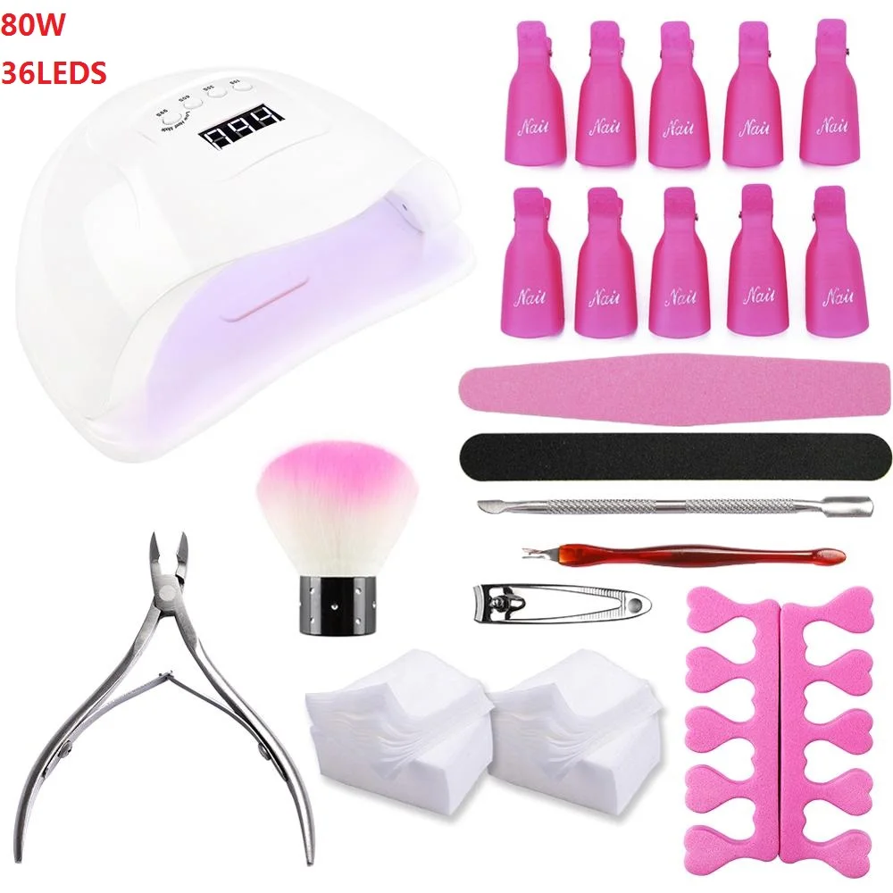 

Manicure Nail Set With 80W/36W Dual UV LED Nail Lamp Manicure Pedicure Tools Nail Files Remove Soakers Nail Art Tools Kit