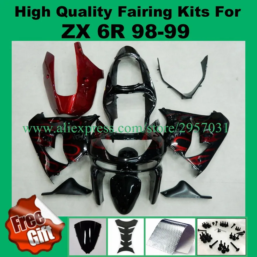 

Red flame black ABS Fairings for KAWASAKI Ninja 636 ZX-6R ZX 6R 1998 1999 ZX6R 98 99 fairing kits free gifts