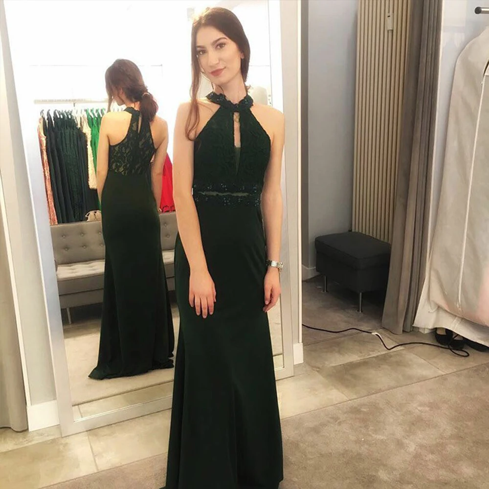 

Bbonlinedress Mermaid Prom Dress 2019 O Neck Long Chiffon Dress Prom Dark Green Evening Dress with Lace Keyhole vestido de noche