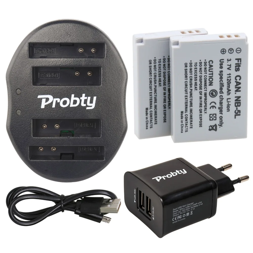 PROBTY 2Pcs NB 5L NB5L Rechargeable Camera Battery + USB Dual Charger
