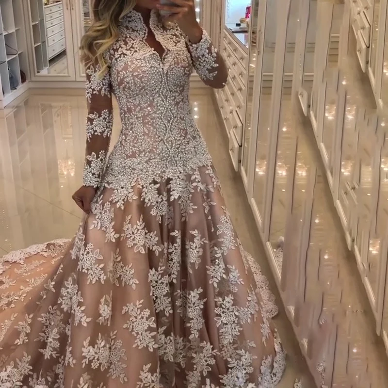 Свадебные Платья Vestidos de Noiva Casamento бисером Длинные платья невесты наряд цвета шампанского de Noiva свадебное платье с аппликацией класса люкс