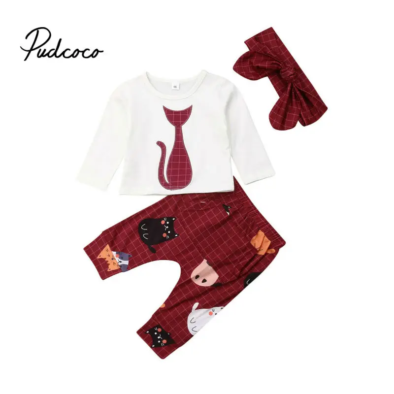 

pudcoco Baby Girl Clothes Cat Cartoon Long-Sleeve T-Shirt + Plaid Pants + Headband Suit Girls Clothing Set Children Clothing