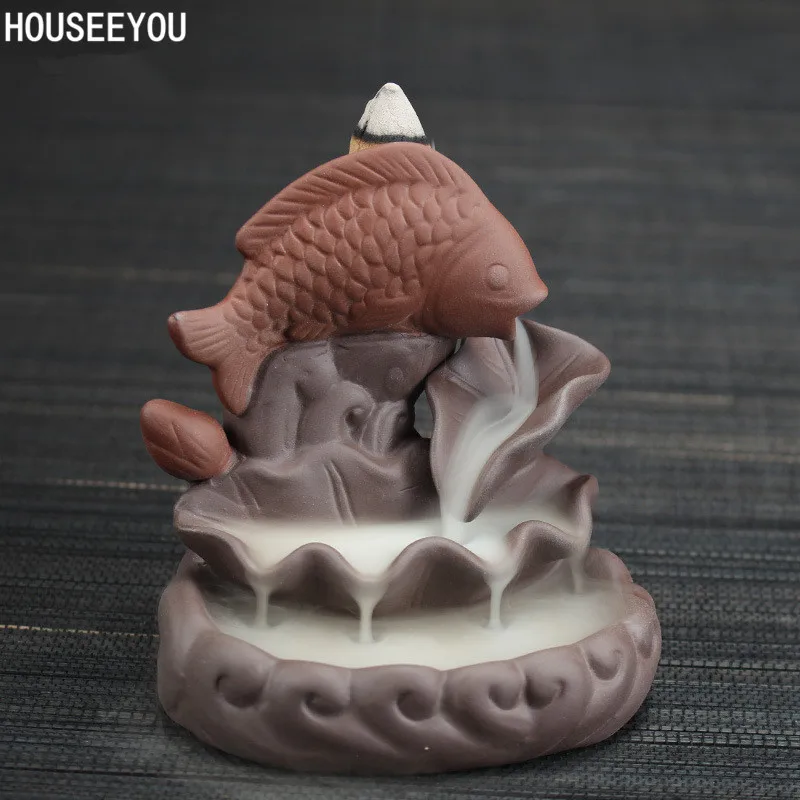 

Backflow Incense Burner Creative Purple Clay Waterfall Little Monk Buddha Fish Incense Stick Holder Censer + 20Pcs Incense Cones