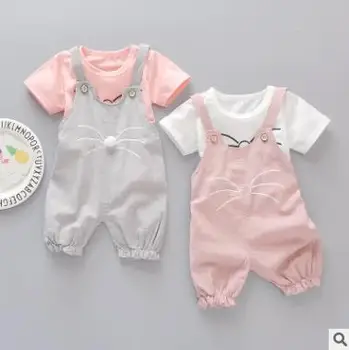 

Baby Toddler Girls Kids Cartoon Cotton 2pc Suit Suit Baby Clothing T Shirt Suspender pants Casual suit 8sets/lot