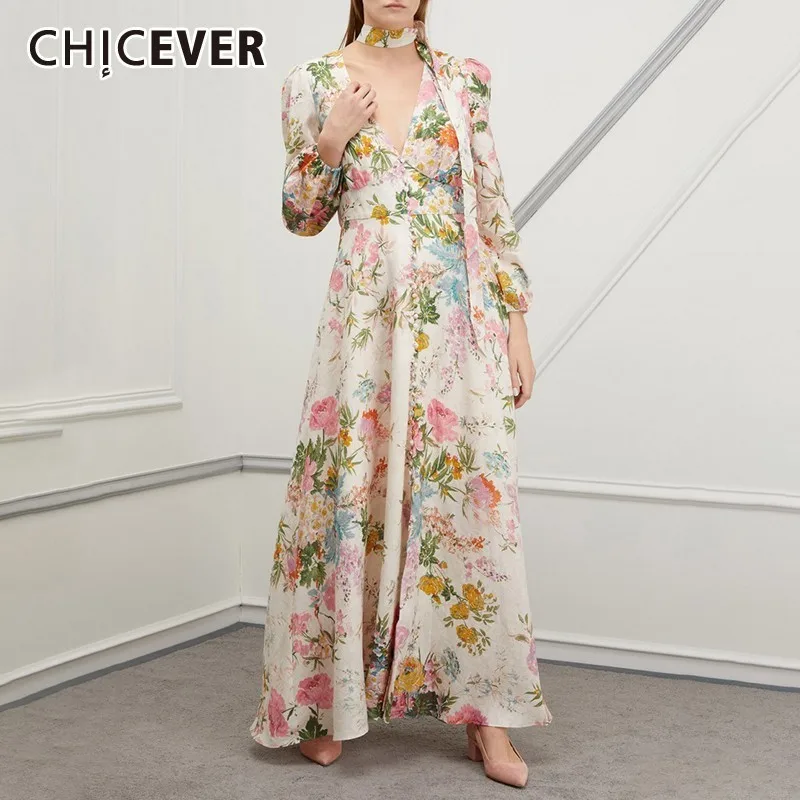 

CHICEVER Summer Vintage Print Dress For Women V Neck Puff Sleeve High Waist Button Draped A-line Ankle-Length The Dresses 2019