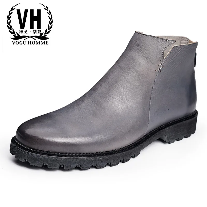 

English wind, Riding boots, short boots, young men's round head leather boots, middle canister Chelsea boots, casual heavy soled