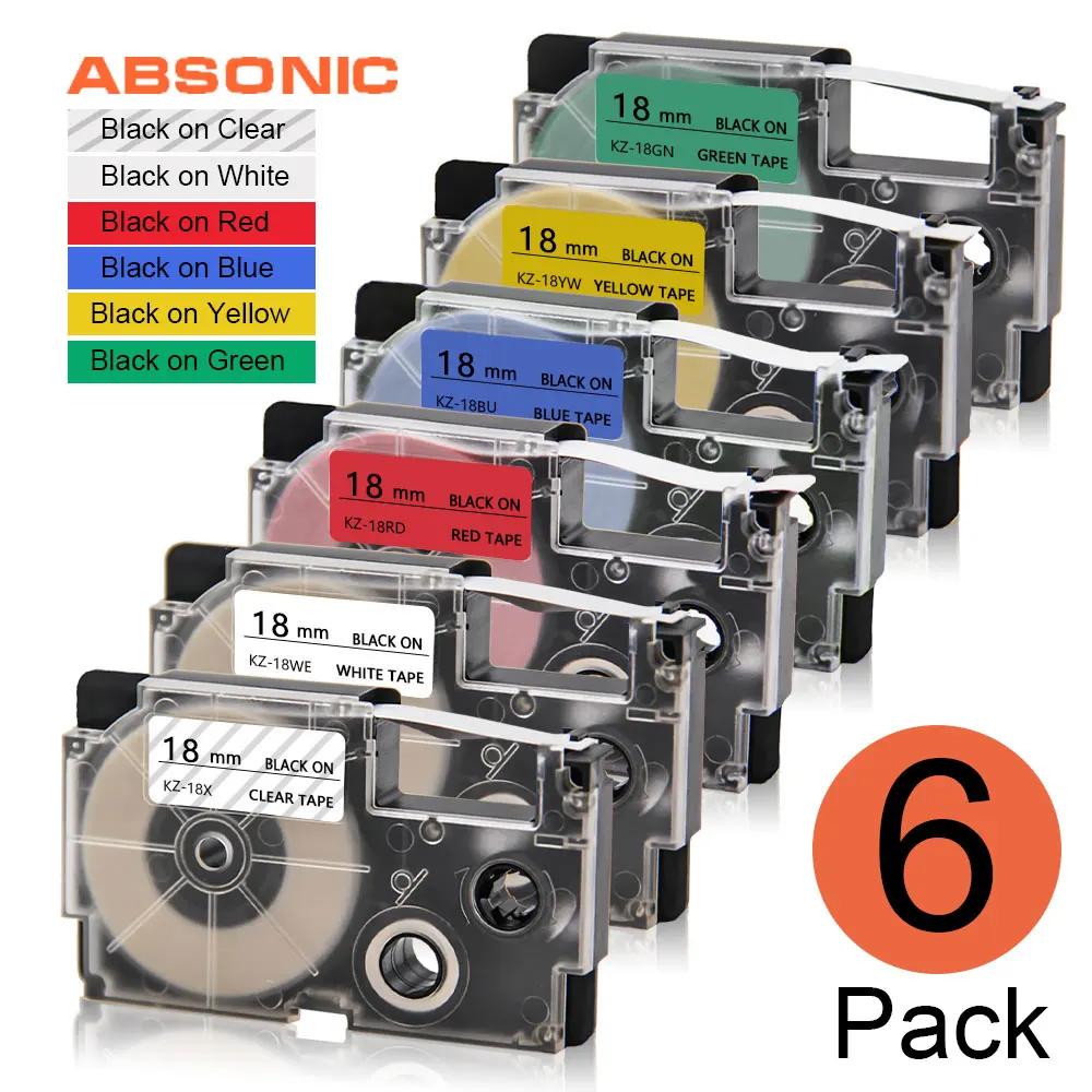 Absonic 6 шт. XR-18WE XR-18RD XR-18X XR-18YW XR-18GN 18 мм лента для маркировки совместимый для объектива с оптическими зумом Casio принтер KL-120 KL-HD1-IH KL-750 KL-780