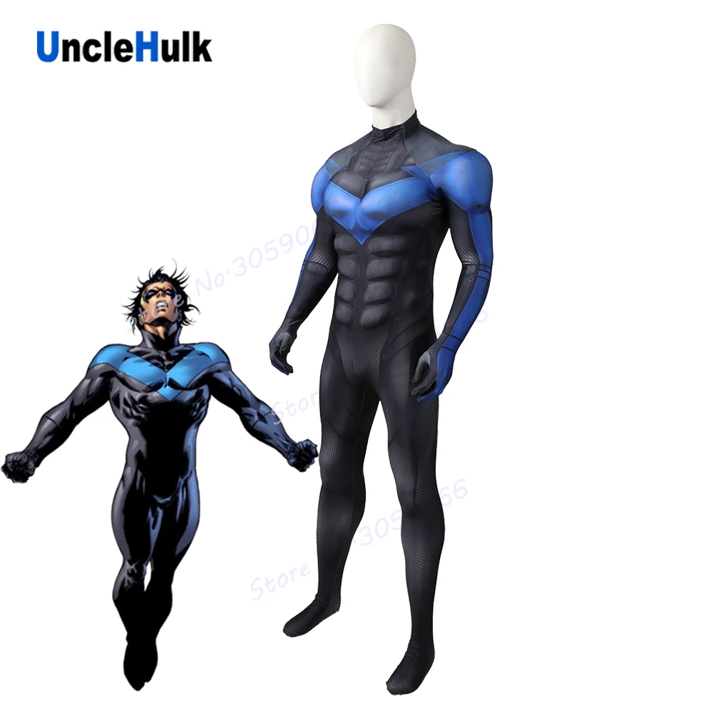 

Nightwing Muscle Cosplay Costume Black and Blue Spandex Bodysuit - with Silk Floss Muscle | UncleHulk