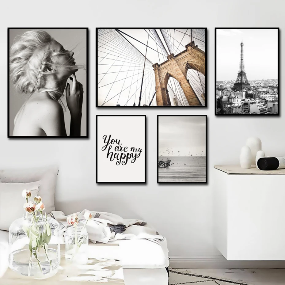 

Minimalist Landscape Nordic Canvas Paintings Eiffel Women Poster Print Black Wall Art Pictures Living Room Home Office Decor
