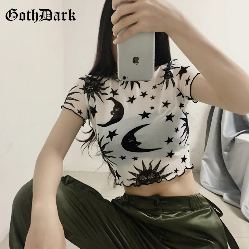 

Goth Dark Aesthetic Grunge Summer 2019 Navel T-Shirts Crop Top Harajuku Print Gothic T shirt Sexy Ruffle Mesh Fashion T-Shirt