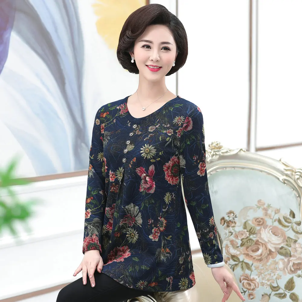 Middle Aged Woman Casual Blouse Chinese Flower Printing Top Female Blue Red Green Tunic Womens Autumn Spring Essential Blouses