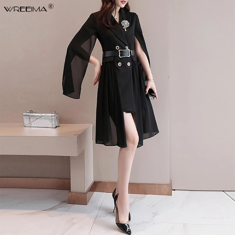 

wreeima Women white Party Dress Notched Cloak Sleeve Double Buttons Mini Dresses 2019 spring Casual Office Black Blazer Dress