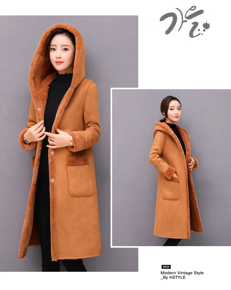 Зимнее женское пальто из искусственной овечьей шерсти с капюшоном из овчины, женские длинные пальто из овчины, Длинные Куртки из искусственной замши W1599