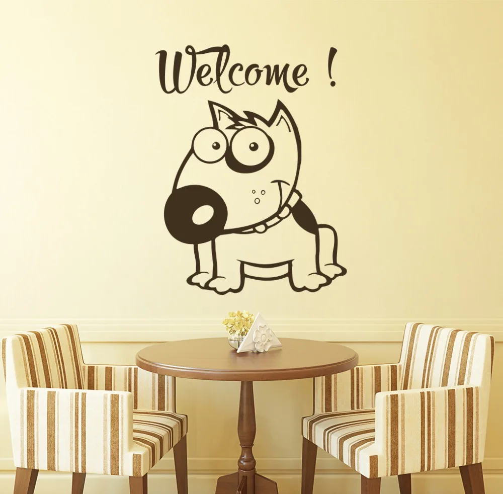 Us 697 25 Offlustige Gesicht Niedlichen Hund Mit Willkommen Zitate Kunst Wandaufkleber Home Kinder Schlafzimmer Niedlichen Decor Wandtattoos Vinyl