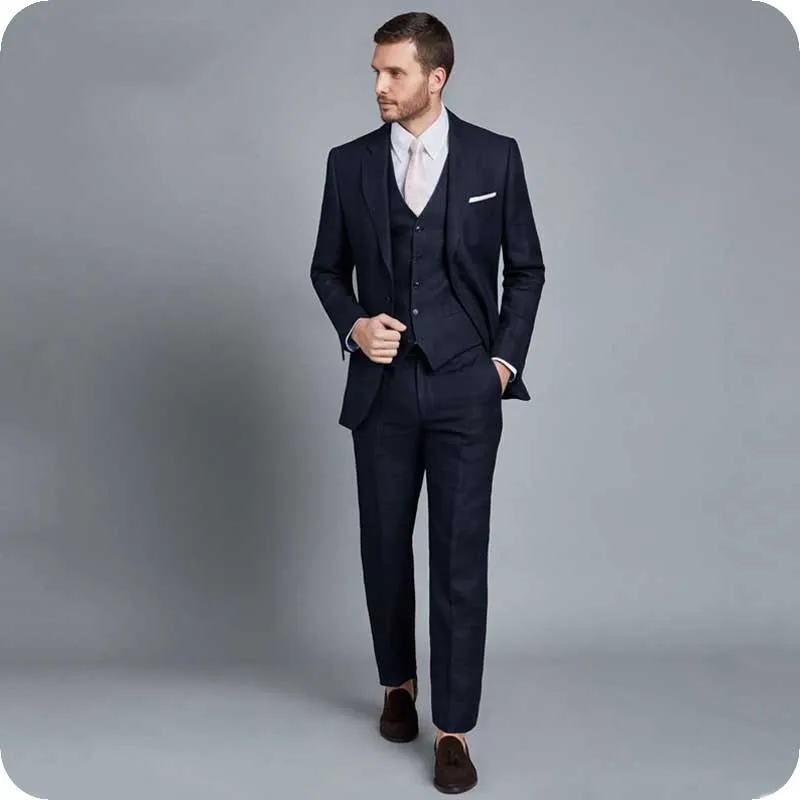 

Navy Blue Coat Pants Vest 3Piece Men Suits for Wedding Handsome Groom Tuxedos Classic Costume Homme Terno Masculino Prom Suit