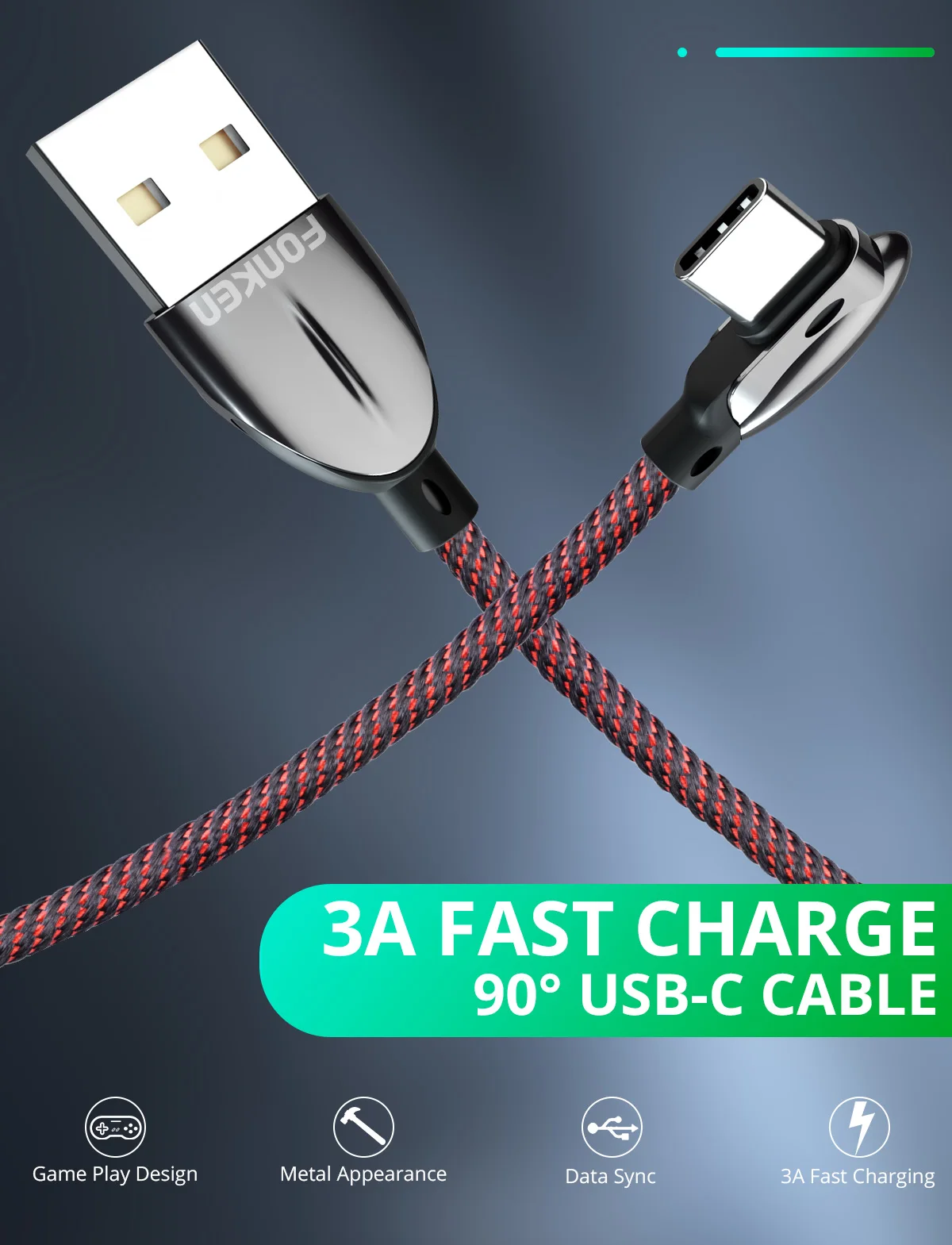 Кабель для быстрой зарядки FONKEN 3A USB type C, 90 градусов, USB C, игровой кабель для зарядки, зарядное устройство для телефона Android, кабель для передачи данных с углом 90 градусов type-C