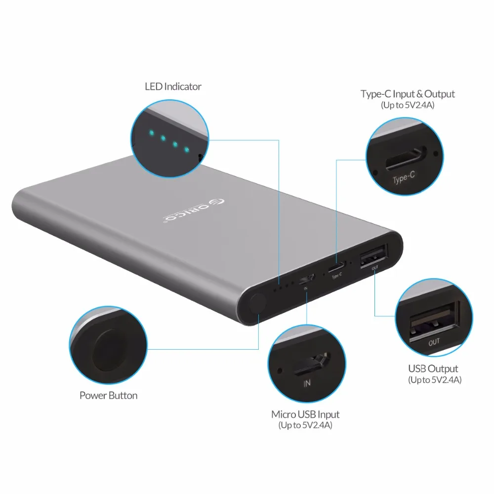 ORICO T1 10000mAh Power Bank Type-C Dual Output External Battery Fast Charger for Samsung Xiaomi Huawei
