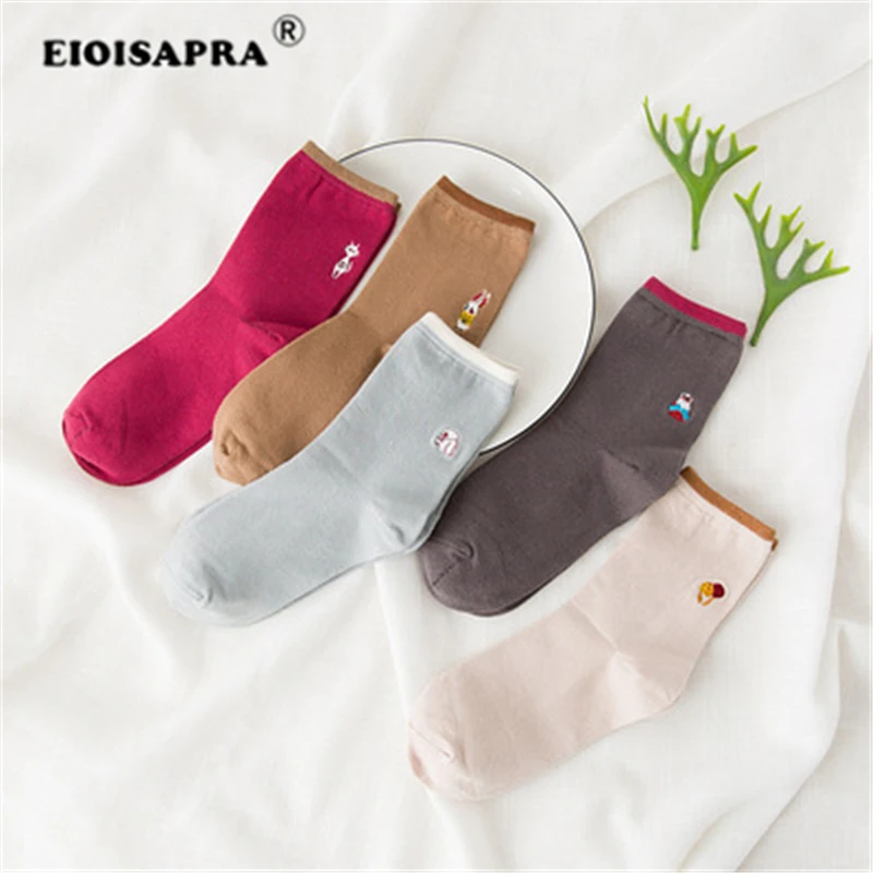 

[EIOISAPRA] Harajuku Cute Cotton Socks Women Embroidered Cartoon Animal Solid Color Women's Socks Crew Girls Short Ankle Socks