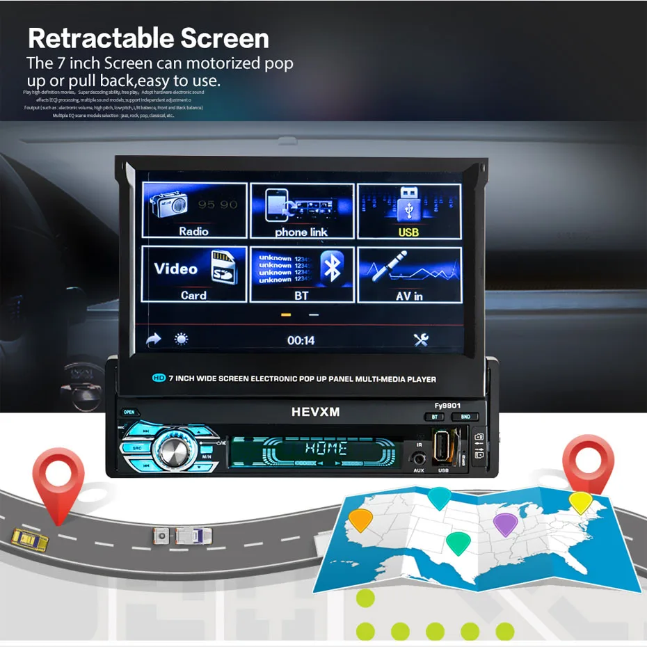 Flash Deal KANOR 1 din car dvd player gps navigation cd mp3 mp5 usb sd Bluetooth 1DIN Telescopic structure screen Car Multimedia Player 1
