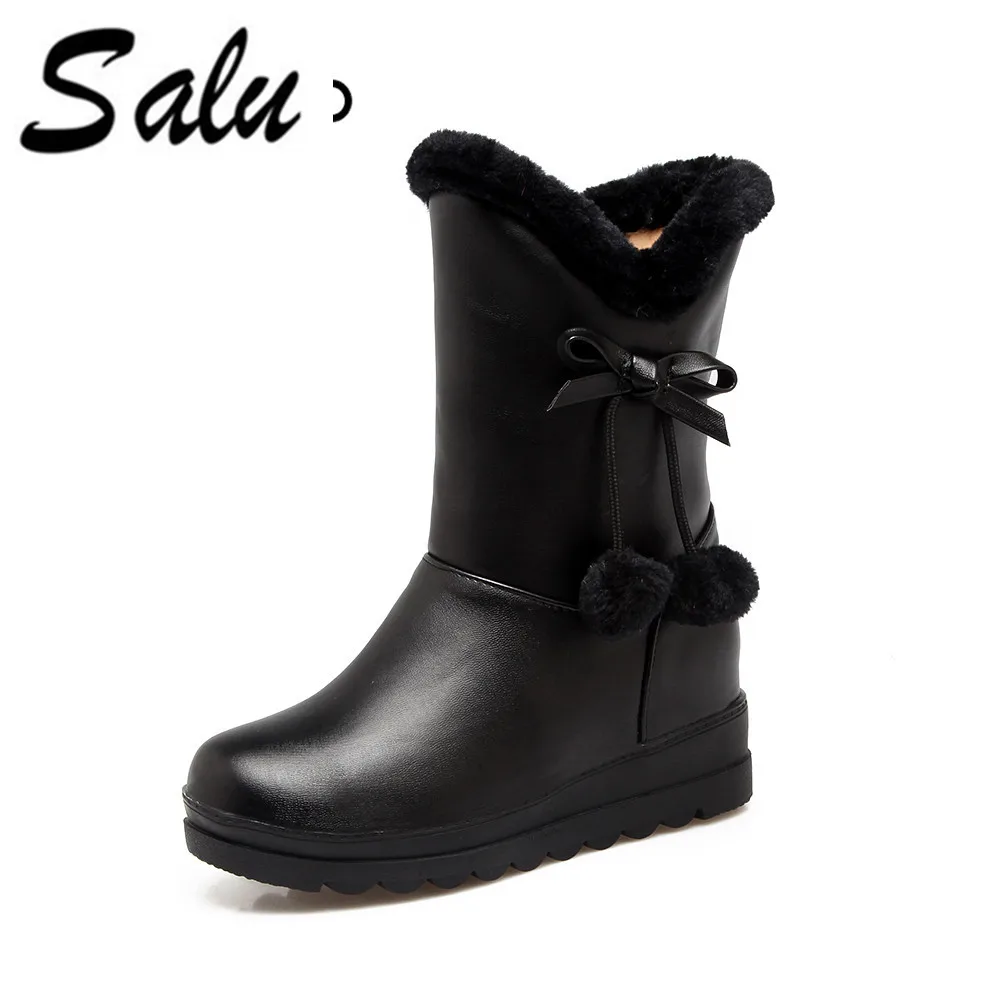 

Salu waterproof boots fur platform mid calf boots black 2019 new snow boots women warm cotton down shoes big size 11 12