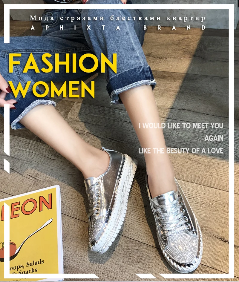 Aphixta Loafers Shoes Women Luxury Silver Crystal Lace-up Platform Shoes Woman Sequined Cloth Bling Crysta Black Flat Heels Shoe