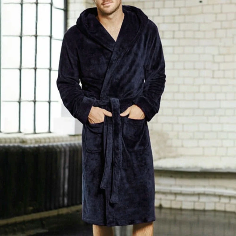 2019 Men Bath Robe Kimono Cotton Lace Up Bathrobe Nightgown Spa Pajamas Long Sleepwear Gown NEW mens plaid pajama pants Men's Sleep & Lounge