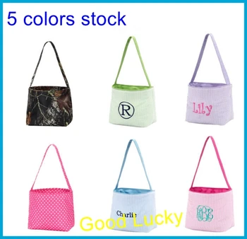 

10pcs/lot 5 colors monogrammed seersucker easter bucket kids gift seersucker easter basket camouflage easter tote bucket