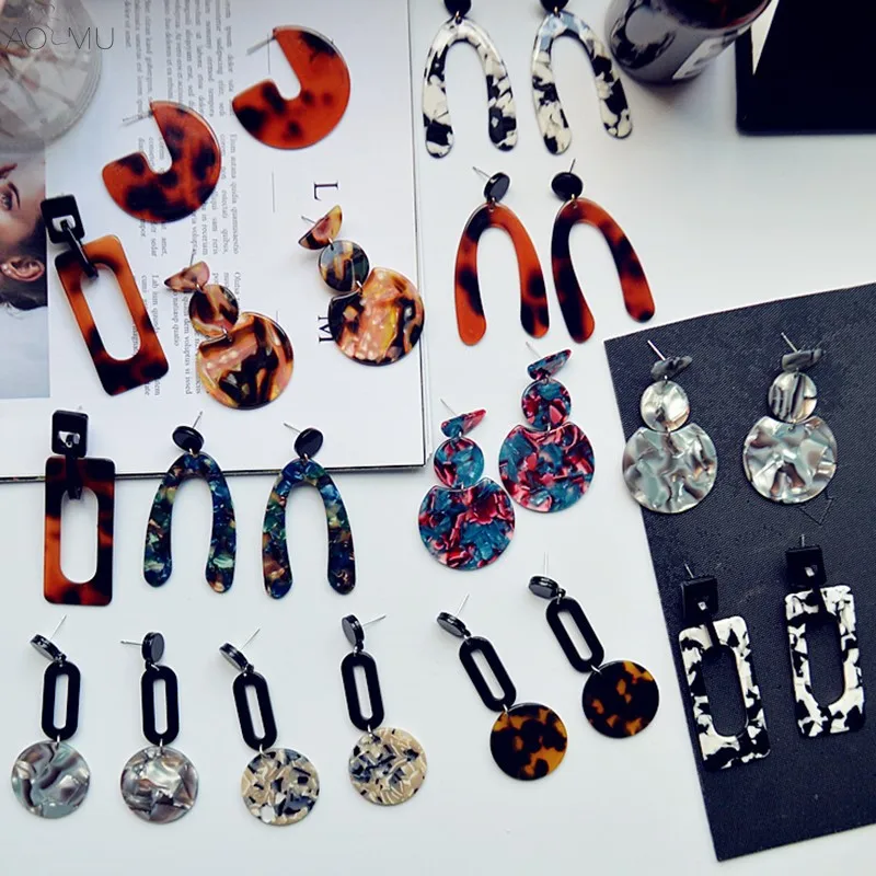 

AOMU Japan Korea Simple Acetic Acid Leopard Earring Acrylic Plate Circle Rectangle Letter Long Geometric Drop Earrings Female