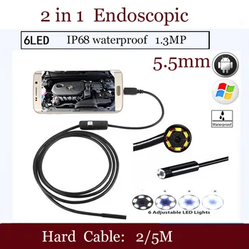 

SHINA 2 In 1 USB 5.5mm Endoscope IP68 Waterproof Camera Borescope Inspection 6 LED For Andorid Phone PC 2m/10m Hard Cable