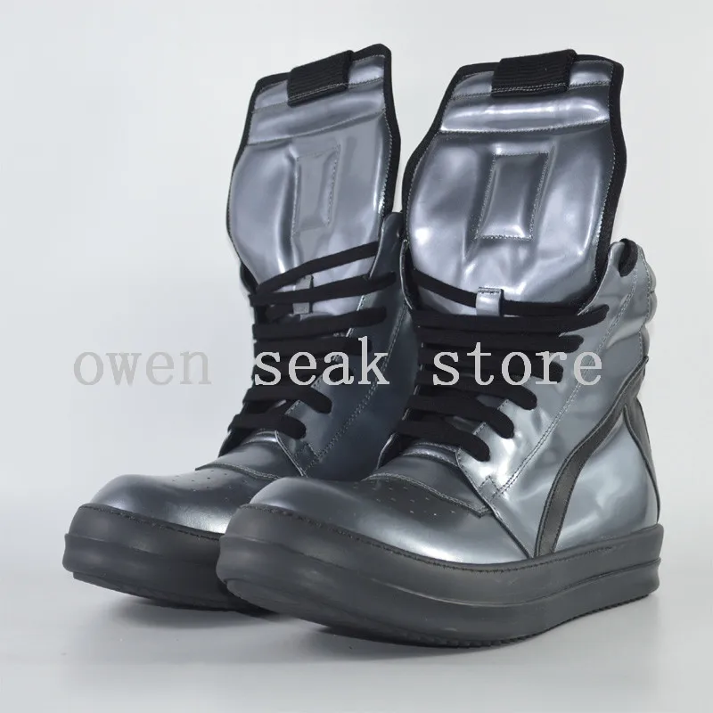 - Owen Seak Men Shoes HighTOP Ankle Boots Genuine Leather Sneaker Luxury Trainers Boots Casual Laceup Zip Flat Silver Big Shoes