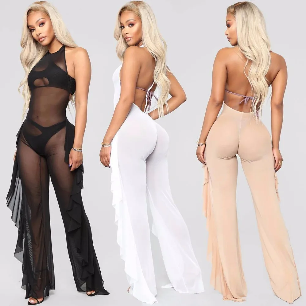 

Black/White/Nude See Through Mesh Bodycon Jumpsuits Sexy Night Out Club Wear Halter Neck Backless Ruffles Details Mesh Jumpsuits