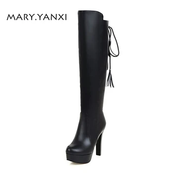 

Women Shoes Big Size Knee-High Long Boots Round Toe High Heels Solid PU Leather Zip Zipper Lace-up Platform Cross-tied Fashion