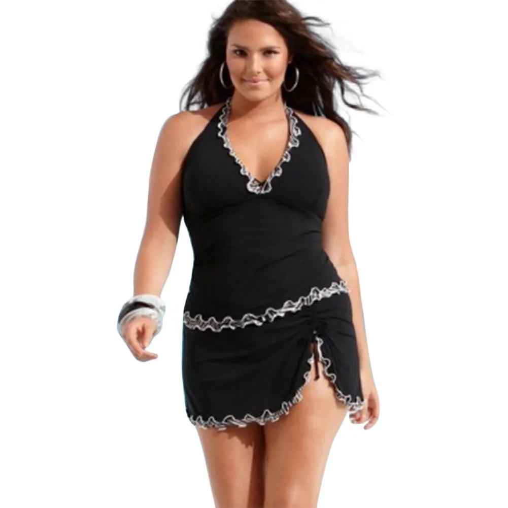 

high waist bikini plus size fato de banho Halter deep V lace side beach dress swimsuit #YL
