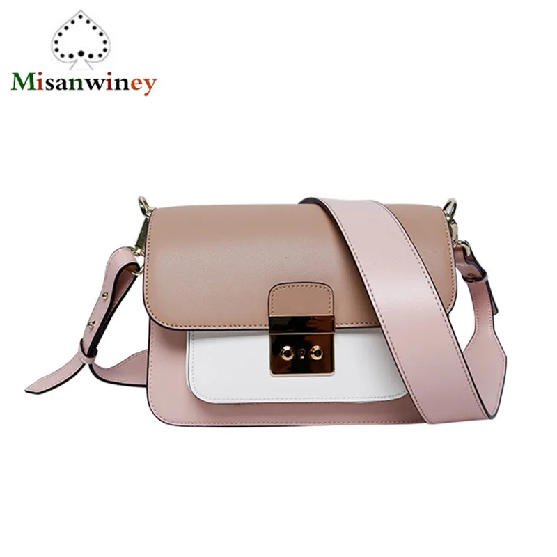 

New Luxury Fashion High Quality Genuine Leather Women Handbags Panelled Wide Straps Shoulder Messenger Bags Casual Crossbody Bag