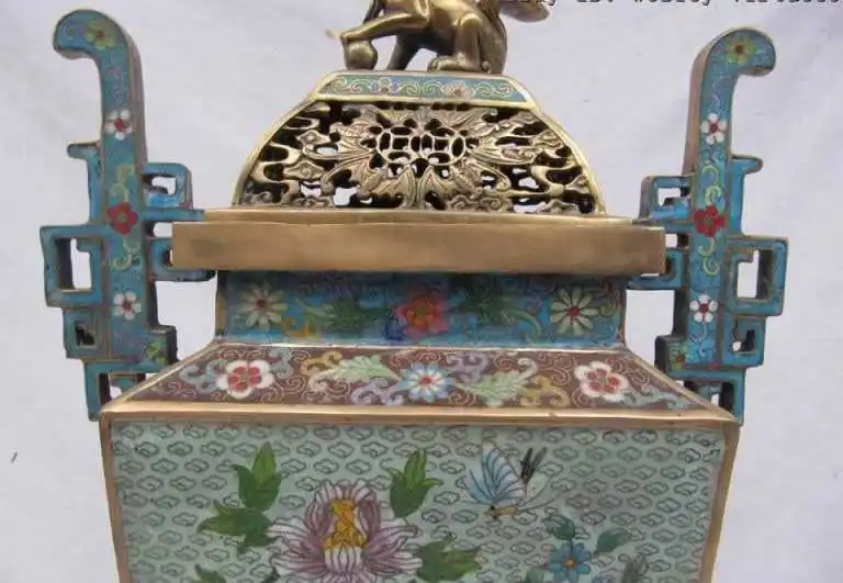 

100% Pure Bronze cloisonne Palace flower Fu Foo Dog Lion incense burner Censer