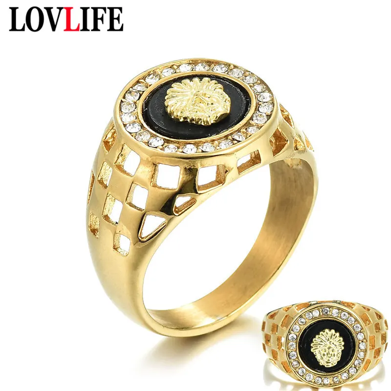 Vintage Di Cristallo Dello Smalto Testa Di Leone Anelli Per Gli Uomini Hip Hop Oro In Lega Hollow Tutto Hollow Anello Di Barretta Di Lusso Punk Rock C