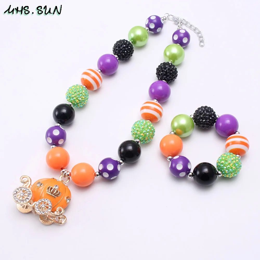 

MHS.SUN Newest Halloween Girls Chunky Necklace Bracelet Crystal Pumpkin Carriage Pendant Necklace For Baby Children Gift