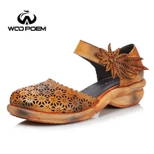 WooPoem Verano Zapatos Mujer Sandalias de Cuero Genuino Mujeres Cuñas Med Talón Sandalias de Flores Retro Femme Zapatos de Correa de Tobillo W17X168-5