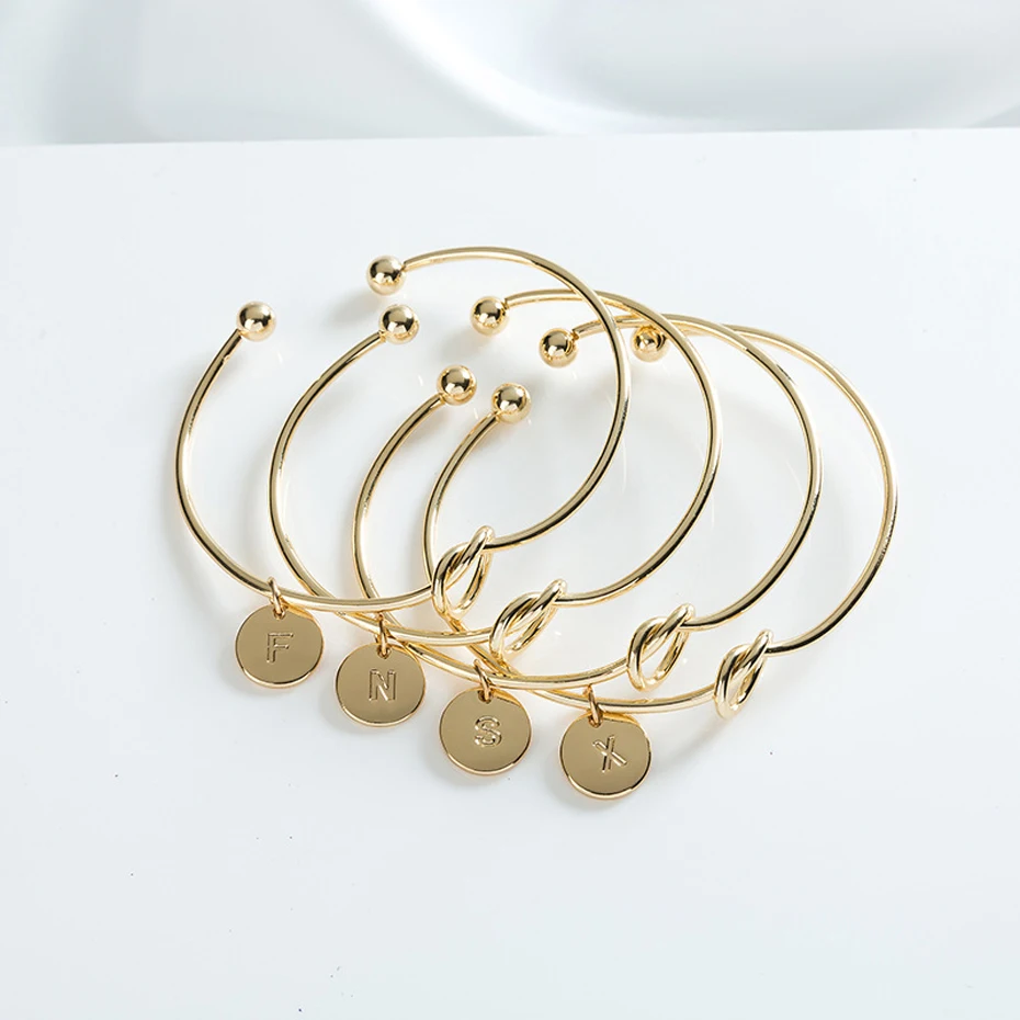 Trendy Tie knotted Open Cuff Bangle Rose Gold Sliver Coin 26 Letters Initial Charm Bracelets Wire Love Bangles For Women (2)
