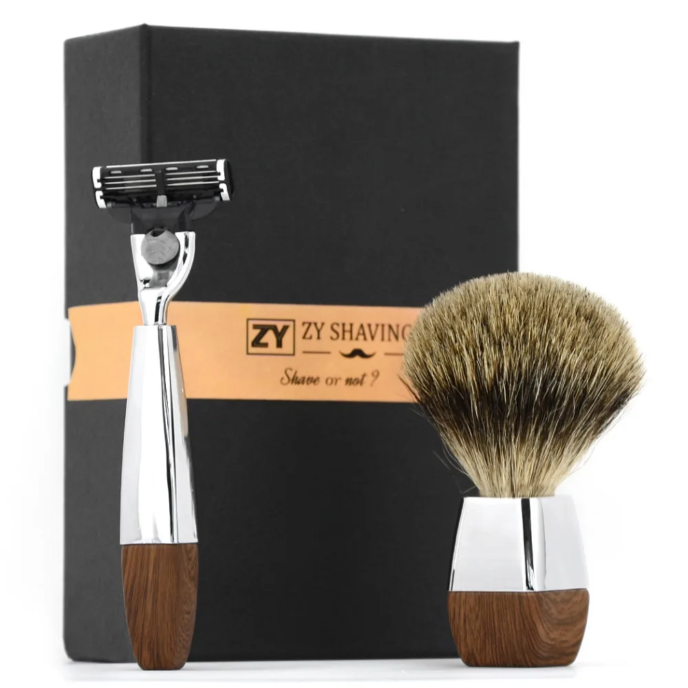 

ZY Men Manual 3 Blade Safety Razor Set Shaving Brush Finest Badger Hair For Shave Beard Barber Face Cleaning Tool