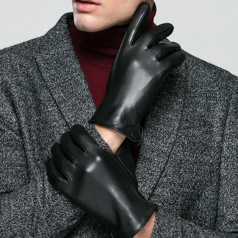 KLSS Brand Genuine Leather Men Gloves Autumn Winter Plus Velvet Thermal High Quality Goatskin Glove Business Casual J50