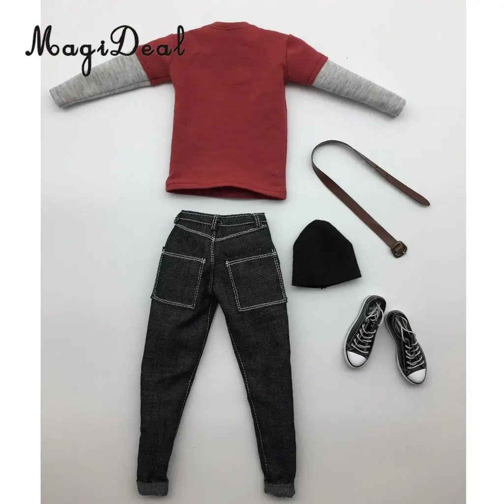 MagiDeal Cloth 1/6 Scale Mens Clothes Dark Gray Long T-shirt Denim Jeans Canvas Shoes Set for 12 Inch Male Action Figures Body