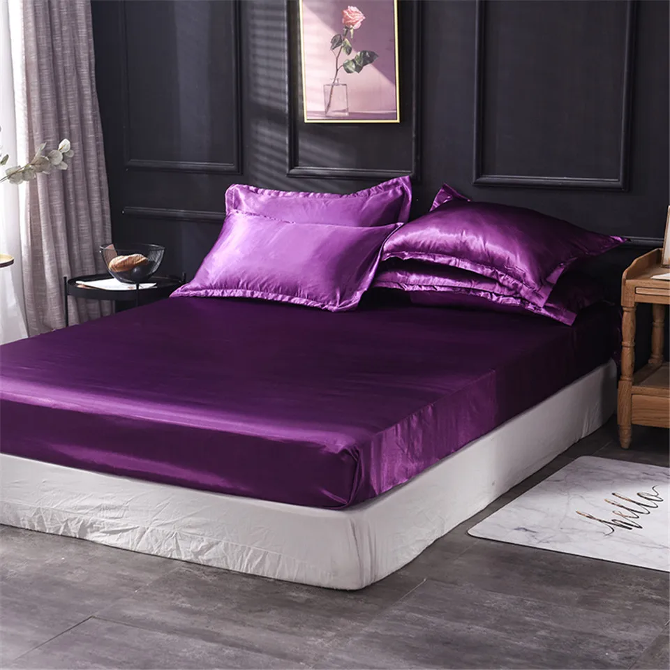 Liv-Esthete Wholesale Luxury Satin Silk Purple Fitted Sheet Silky Mattress Cover Queen King Bed Sheets For Women Men 1pcs