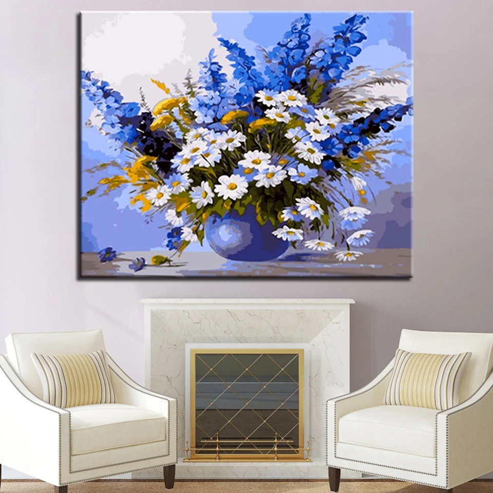 

Oil Paint Drawing By Numbers DIY Pictures Coloring On Canvas Blue Flowers By Hand Framework Wall Modular Paints Art Painting