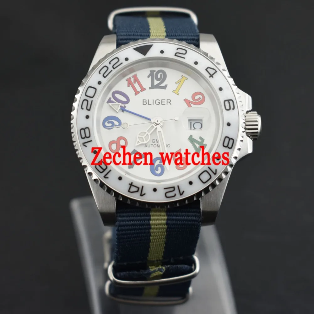

BLIGER 40mm Luminous Sapphire GMT Automatic Nylon Straps Watch Wristwatch